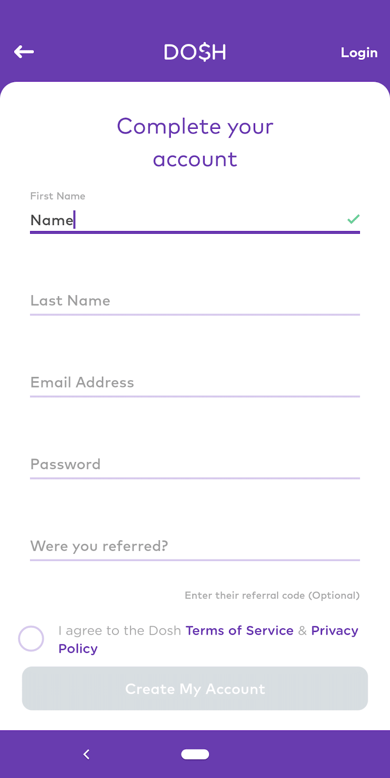 Dosh account completion page in the app