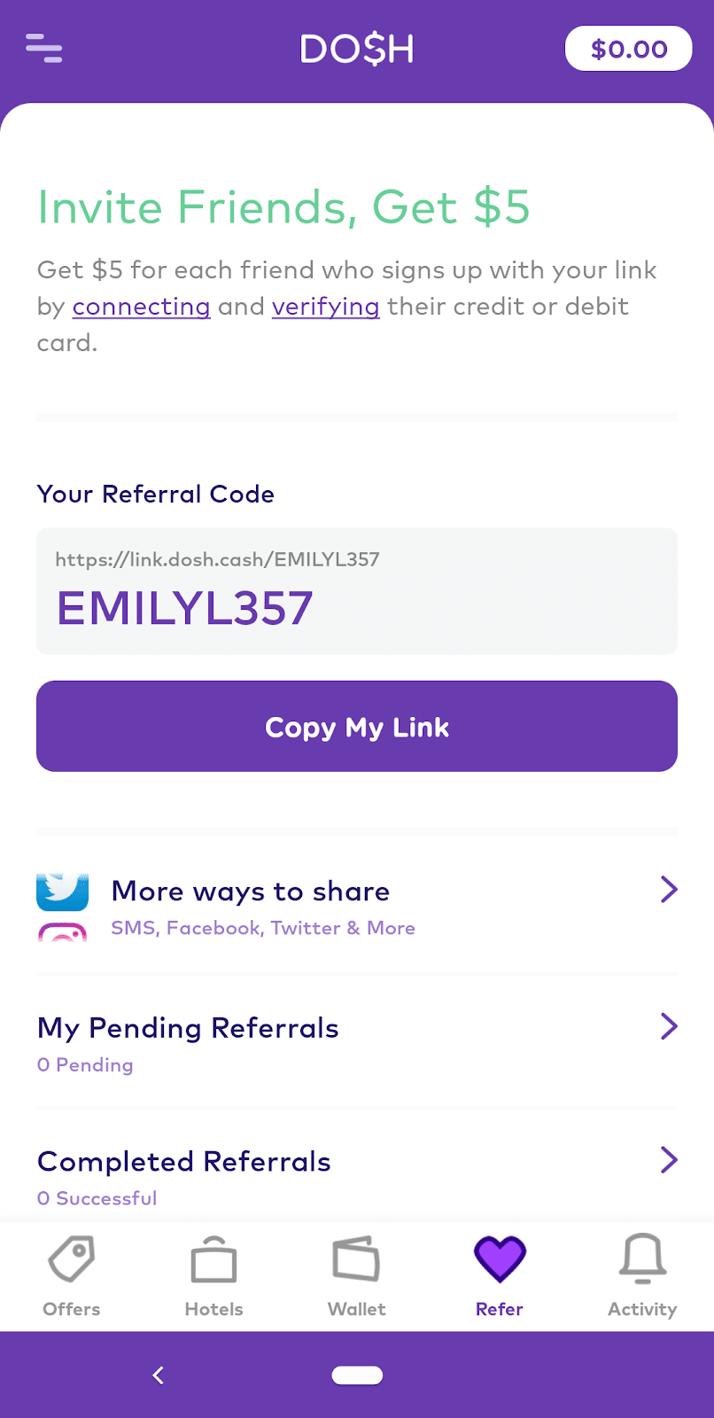 app page to enter your Dosh Referral Code