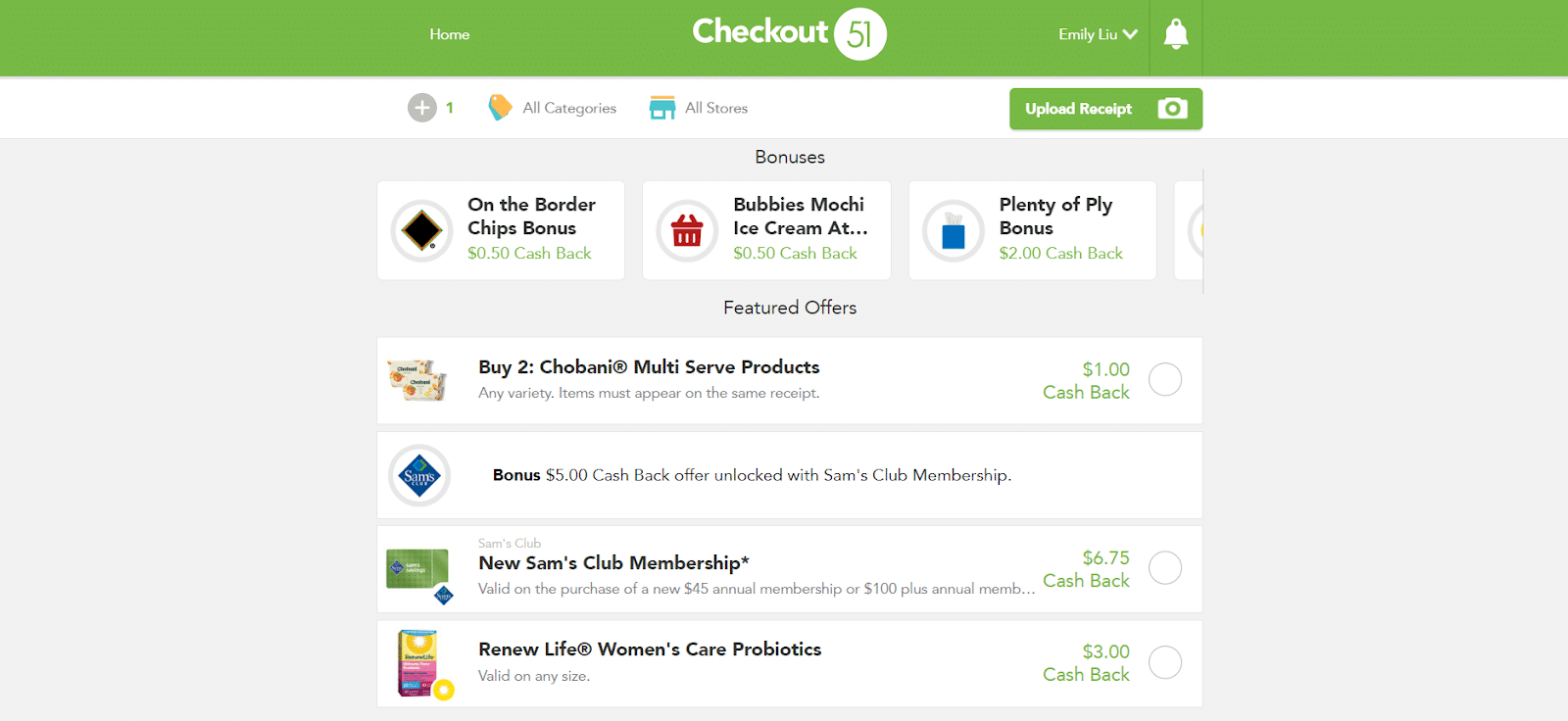 Checkout 51 web page with items to get cash back on