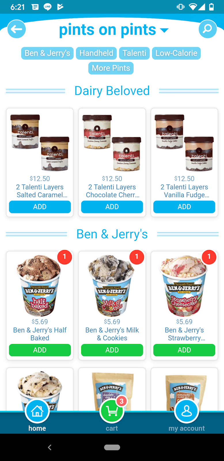 goPuff screenshot of ice cream selections