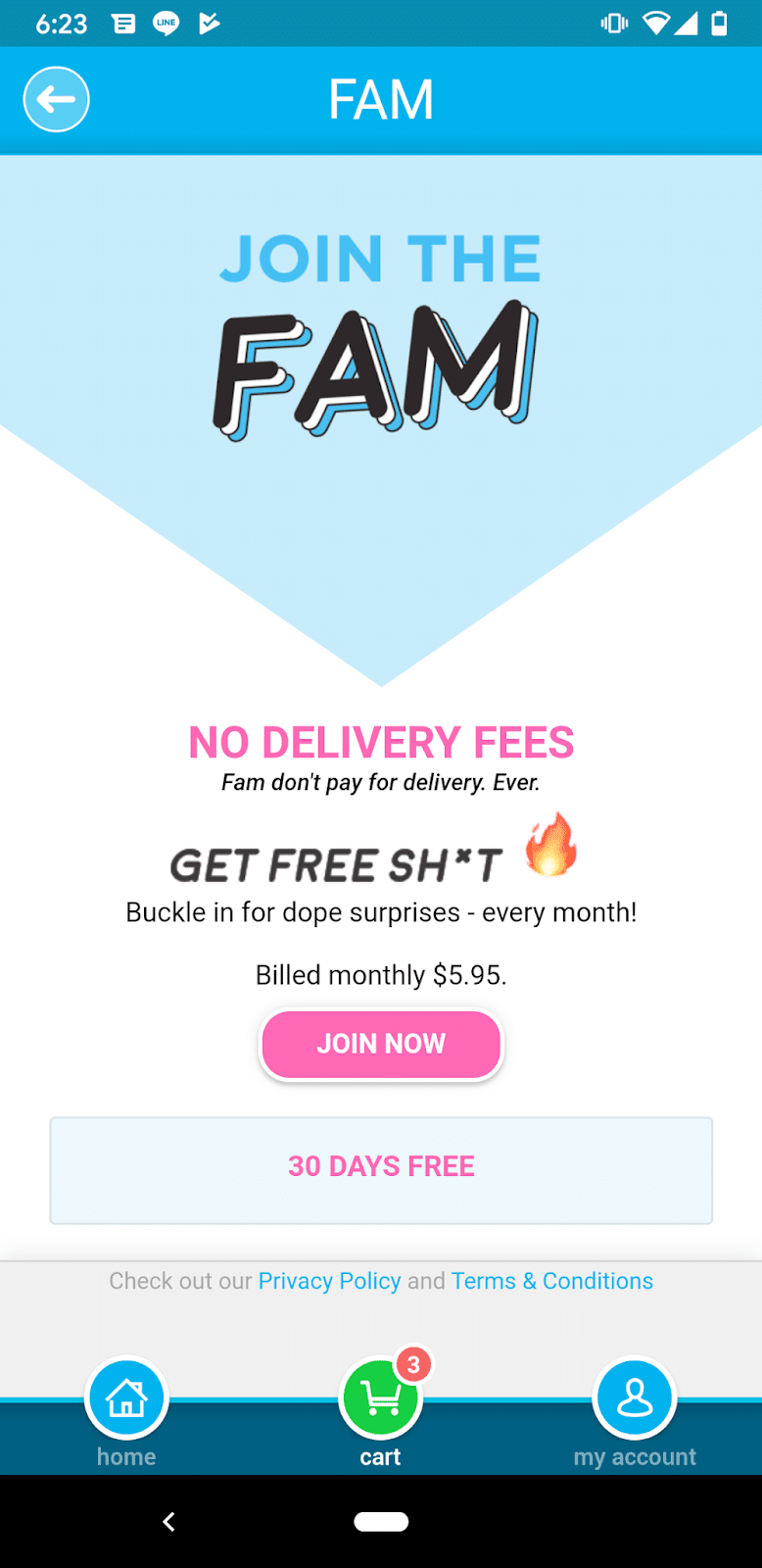 Screenshot of in-app invitation to join the goPuff Fam