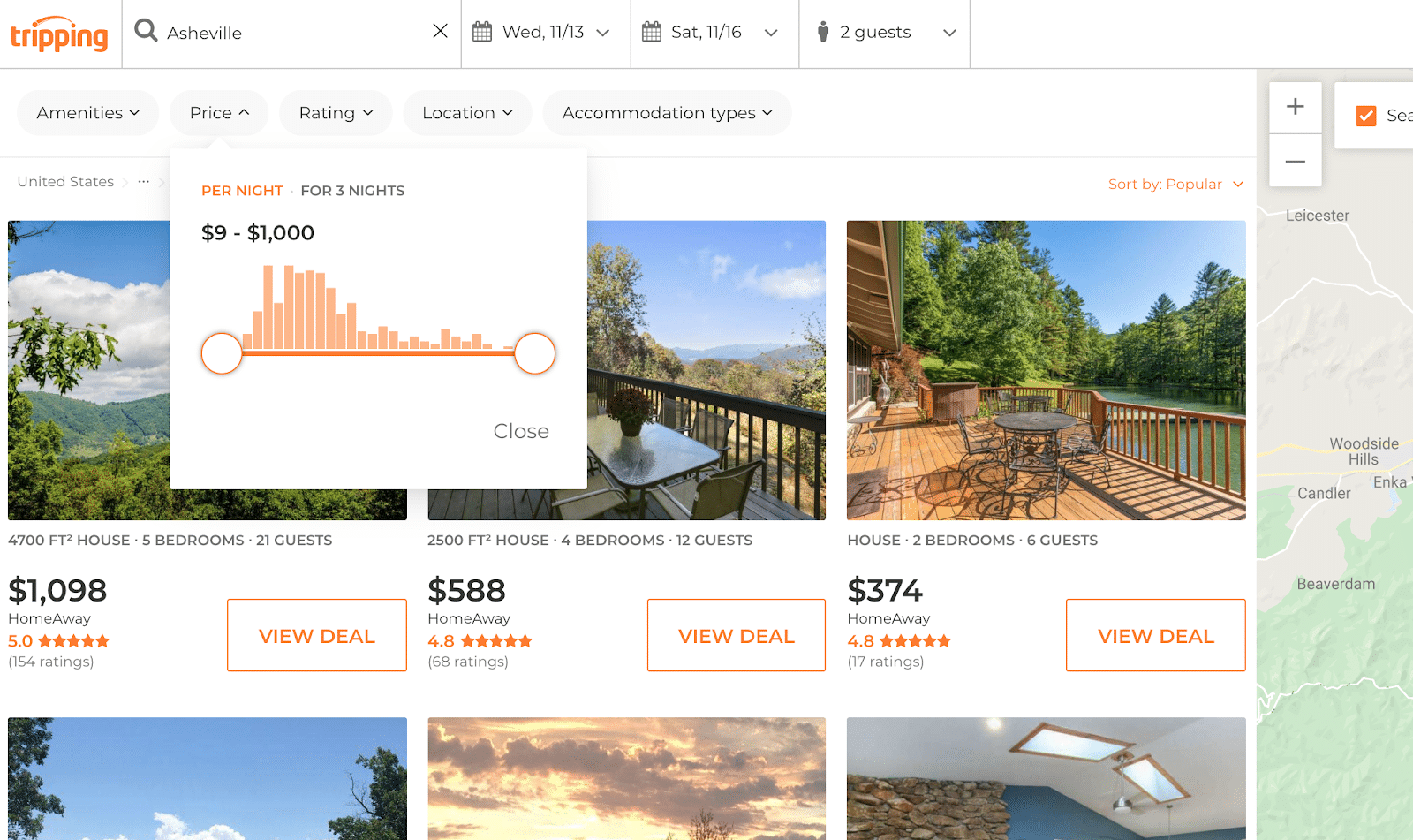 web page showing price ranges for properties