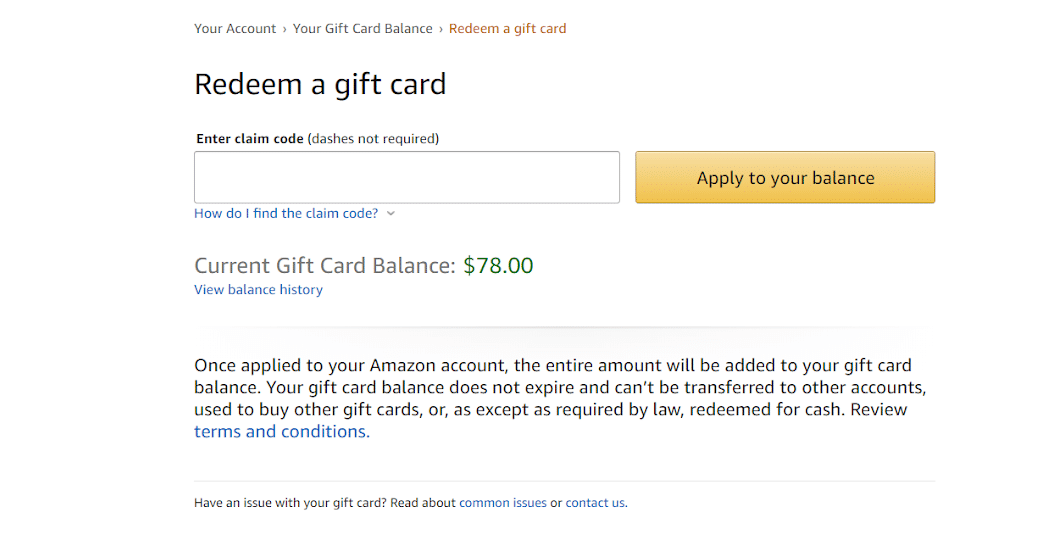 screenshot of page to redeem Amazon gift card