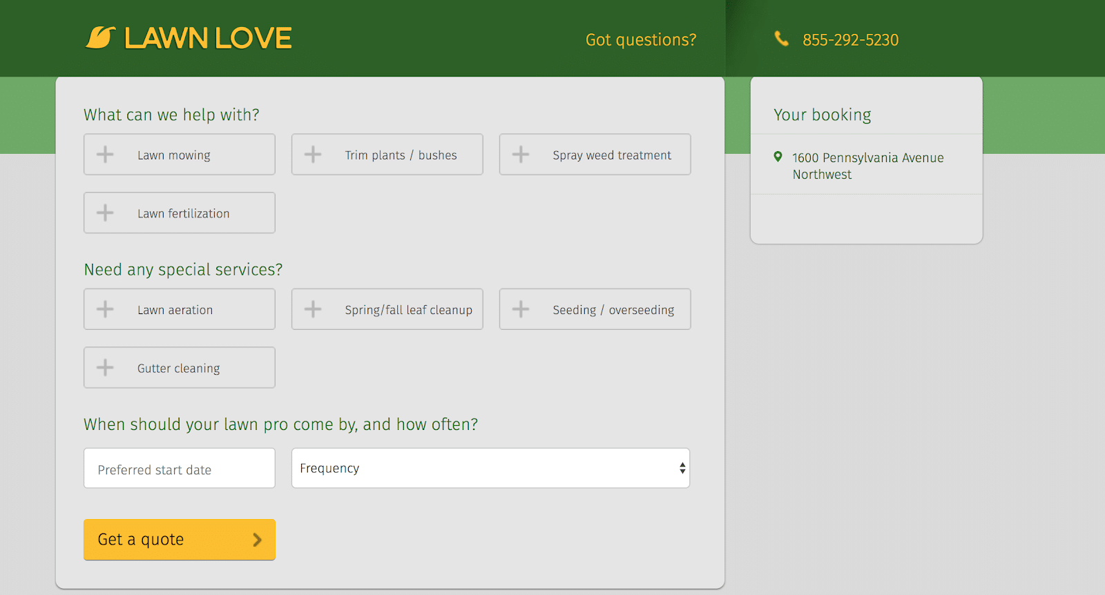 Lawn Love page to request service