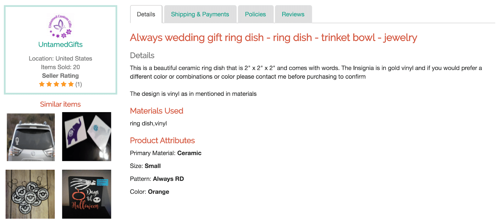 Handmade product details on the ArtFire marketplace