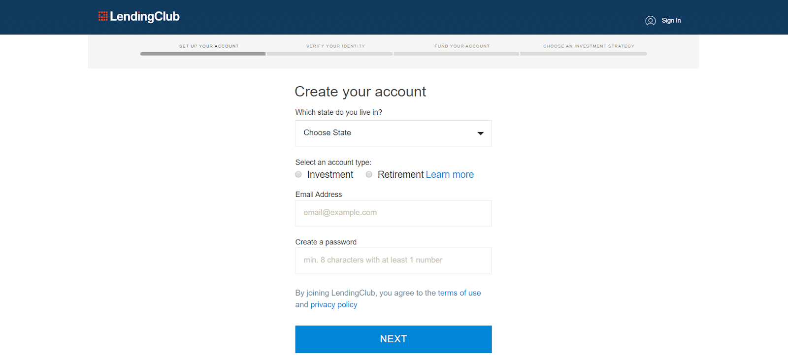 The LendingClub account creation page