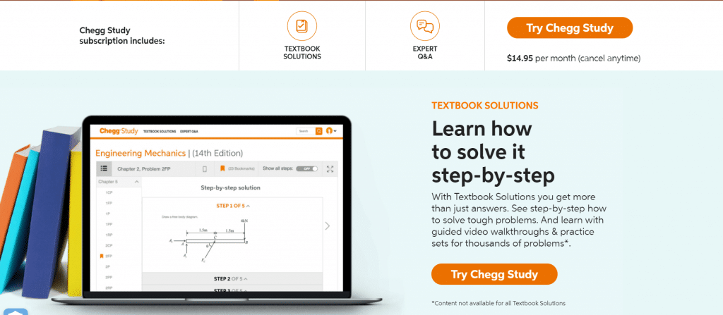 screenshot of the Chegg study homepage
