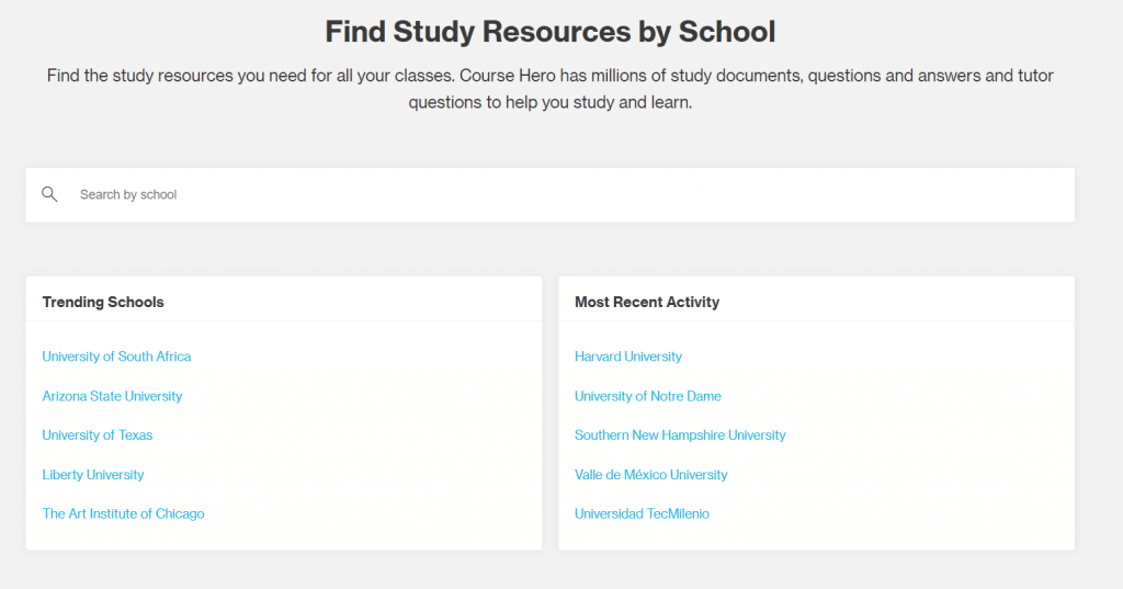 screenshot of the study resources homepage