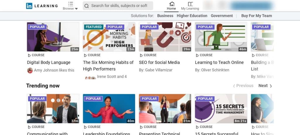 screenshot of the LinkedIn Learning homepage