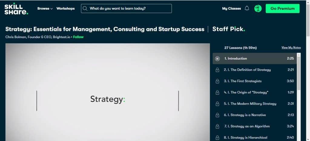screenshot of the strategy essentials for management consulting and startup success