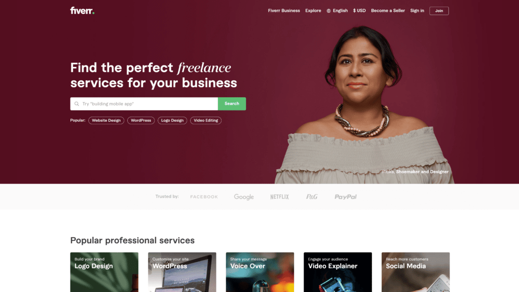 A homepage of the fiverr screenshot