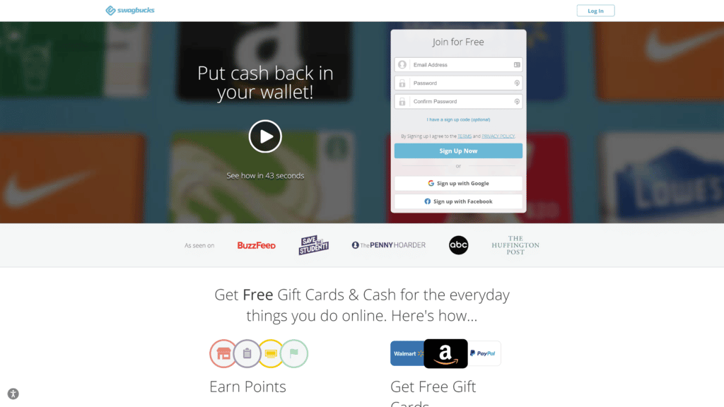 A screenshot of the swagbucks homepage