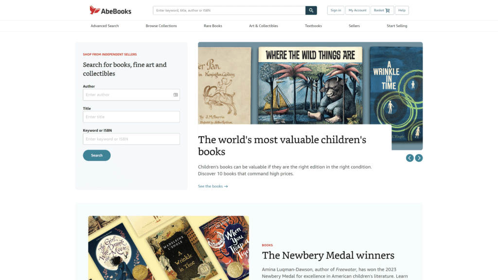 a screenshot of the abebooks homepage