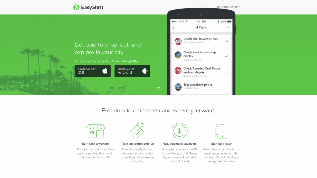 a screenshot of the easyshift homepage