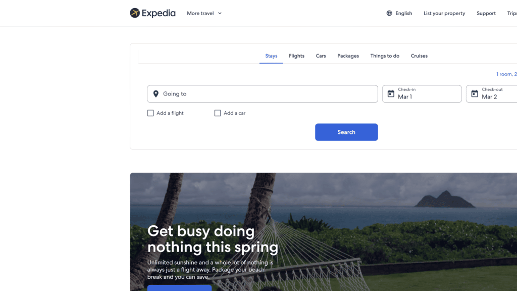 A homepage of the expedia screenshot