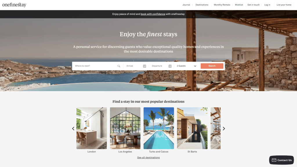 A homepage of the onefinestay screenshot