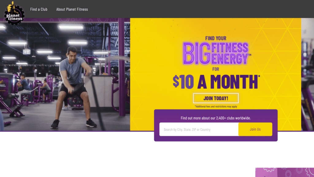 a screenshot of the planet fitness homepage