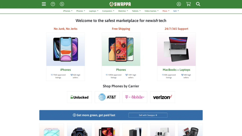 a screenshot of the swappa homepage