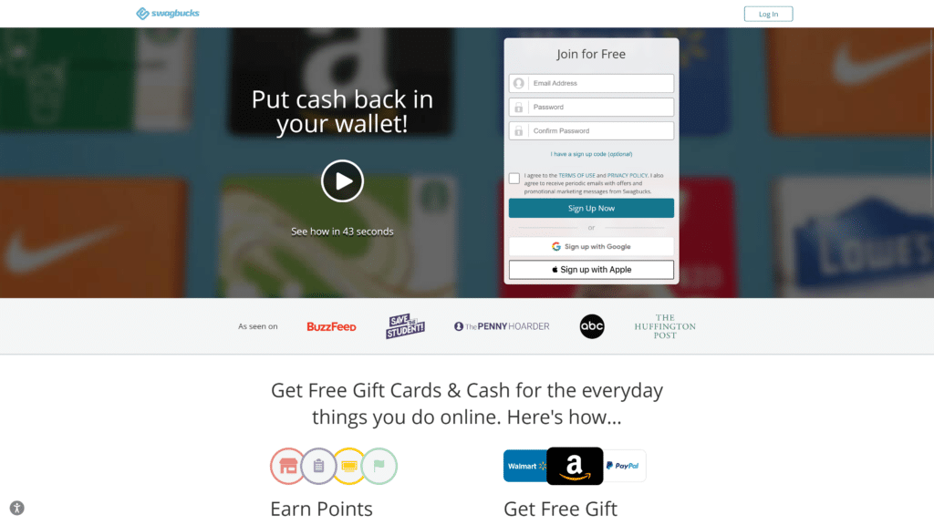 screenshot of the swagbucks homepage