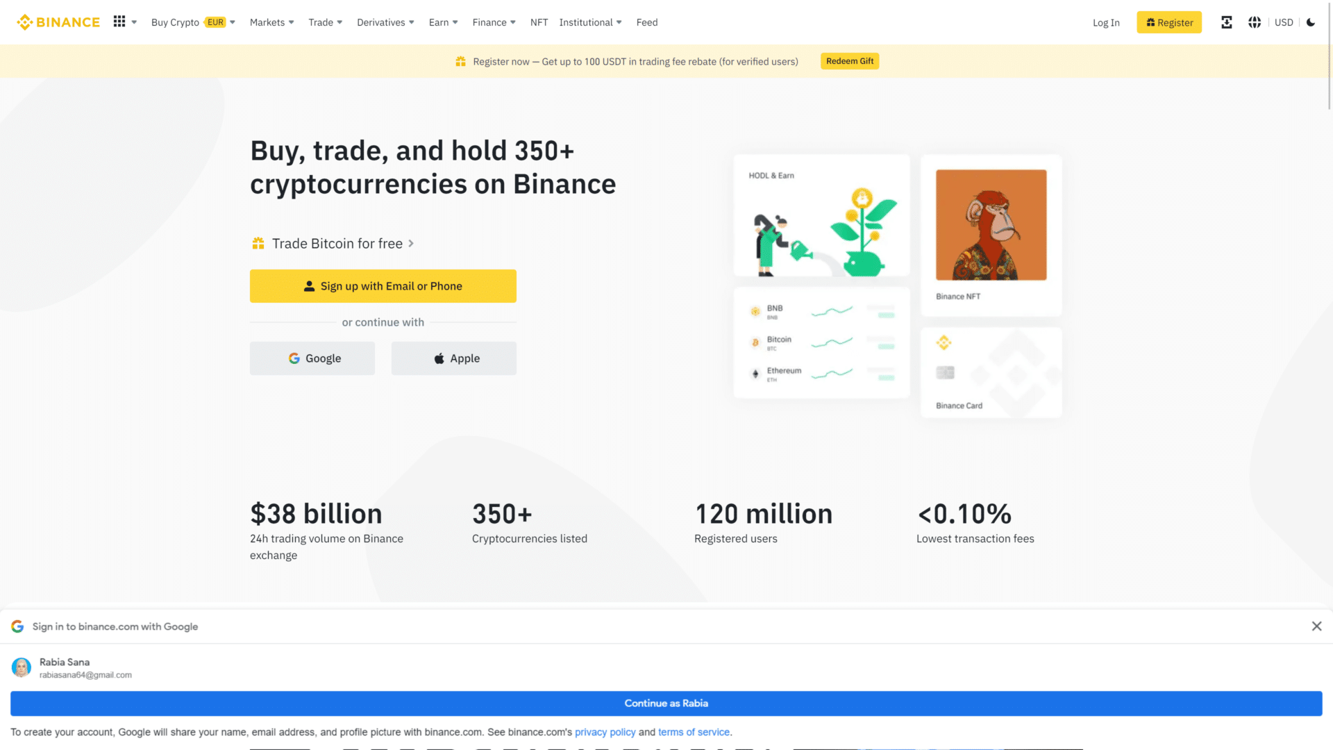 A screenshot of the binance homepage