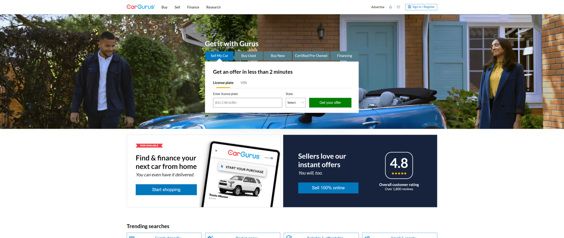 A screenshot of the car gurus homepage
