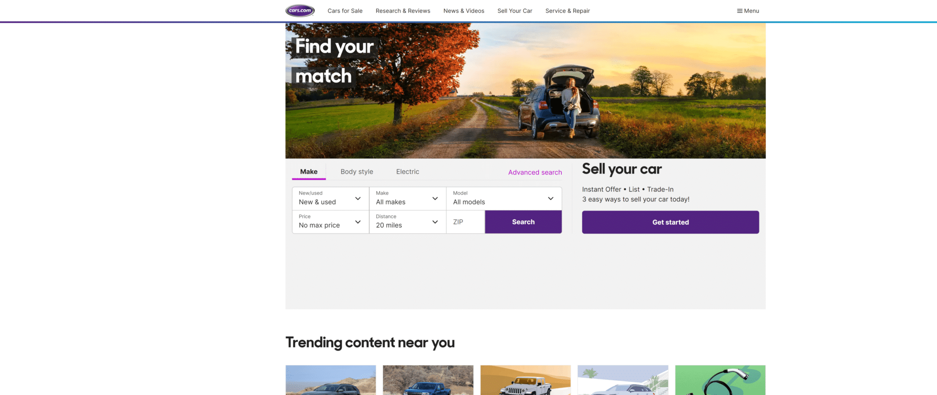 A screenshot of the cars.com homepage