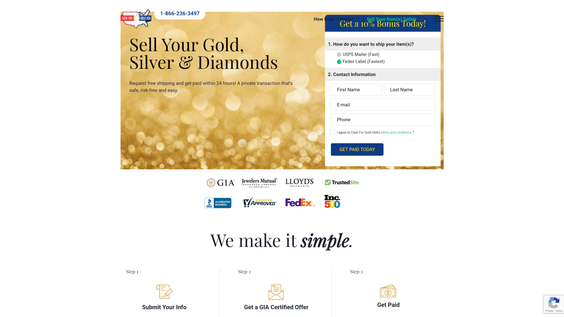A screenshot of the cash for gold USA homepage