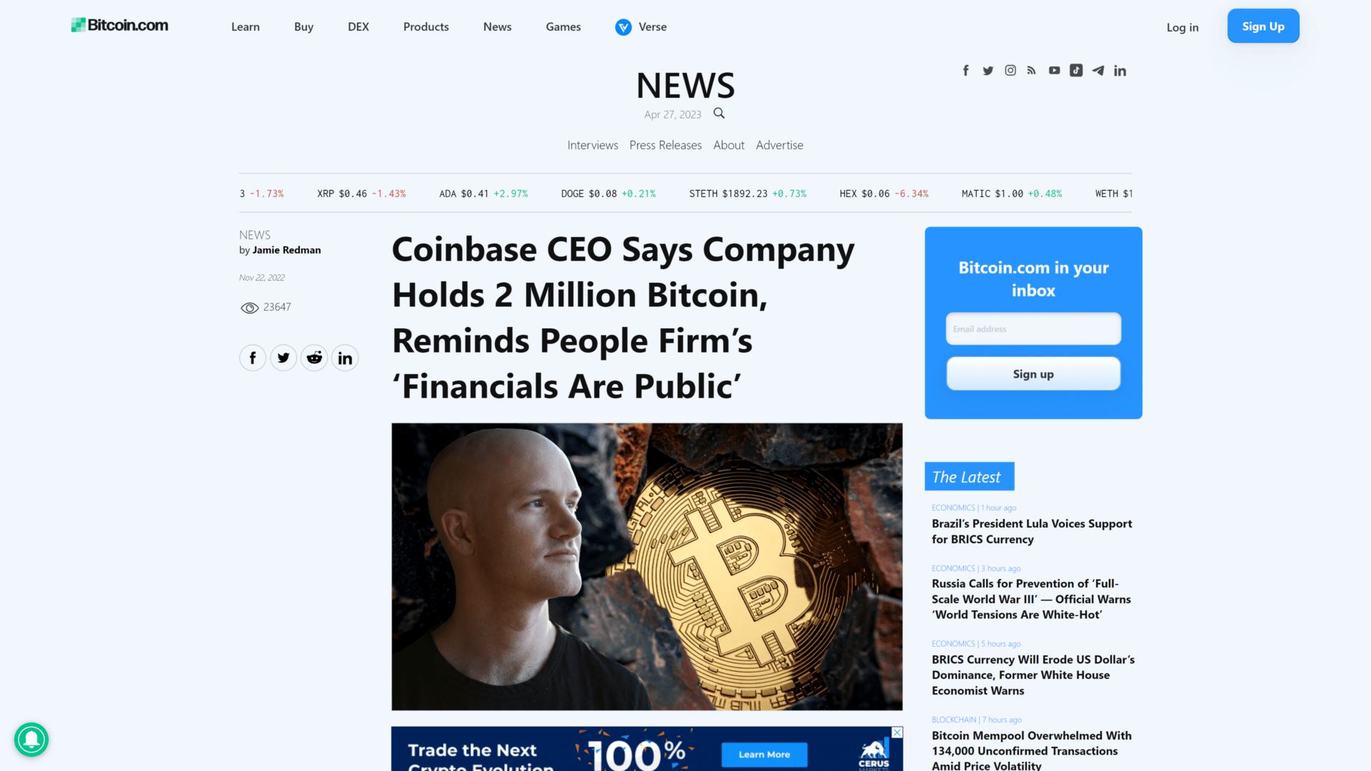 A screenshot of the coinbase homepage