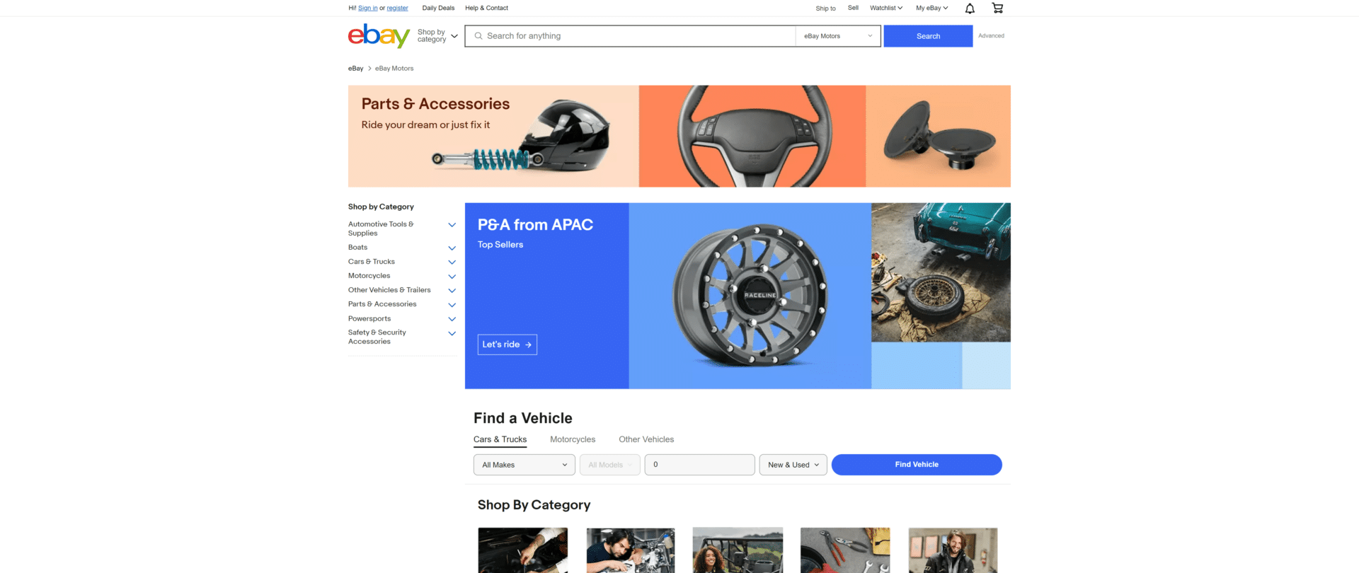 A screenshot of the ebay motors homepage