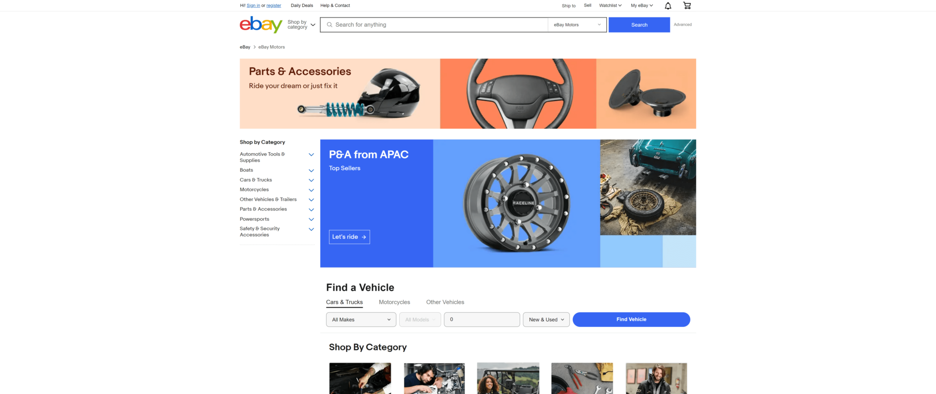 A screenshot of the ebay motors homepage