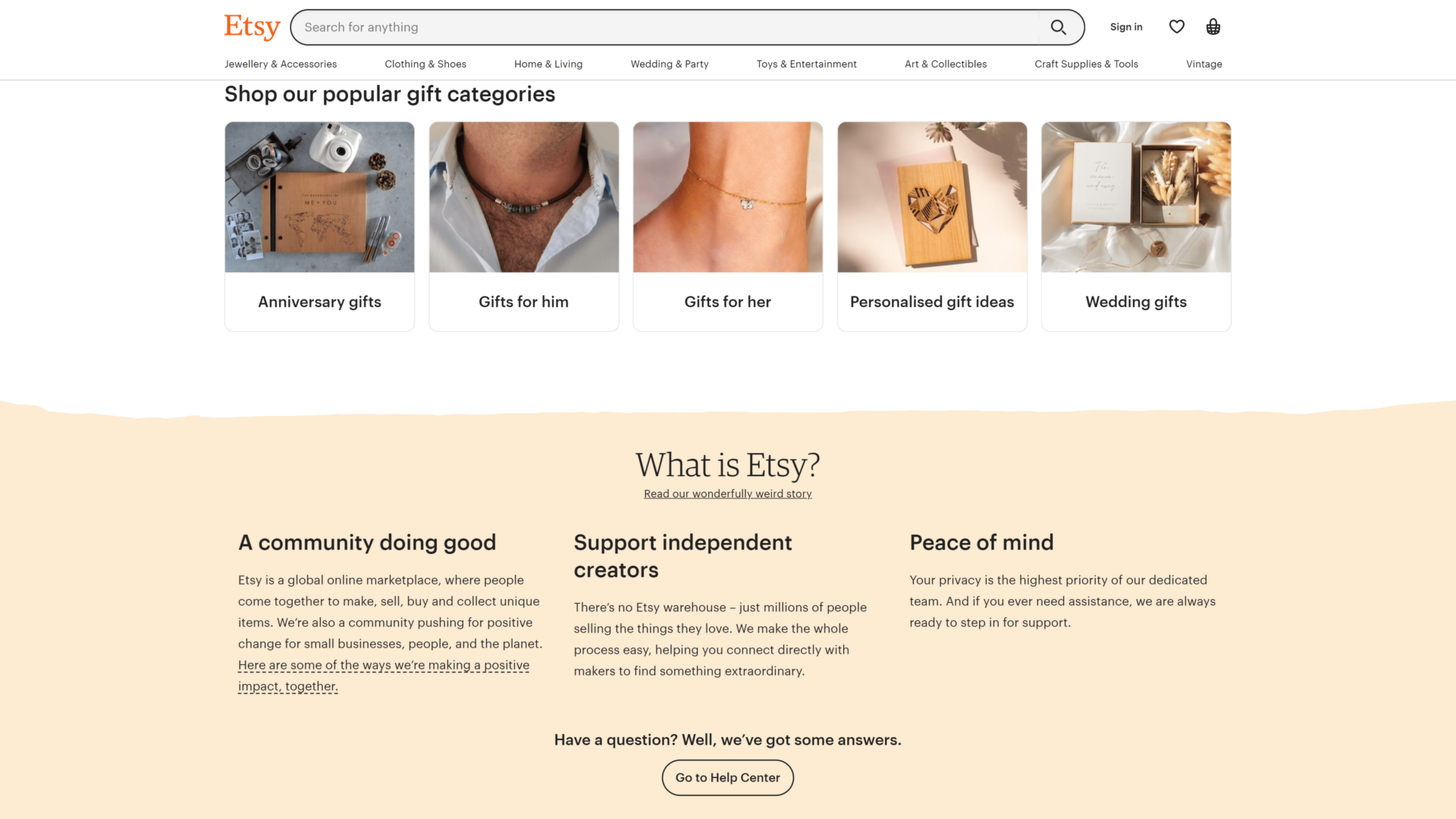 A screenshot of the etsy homepage