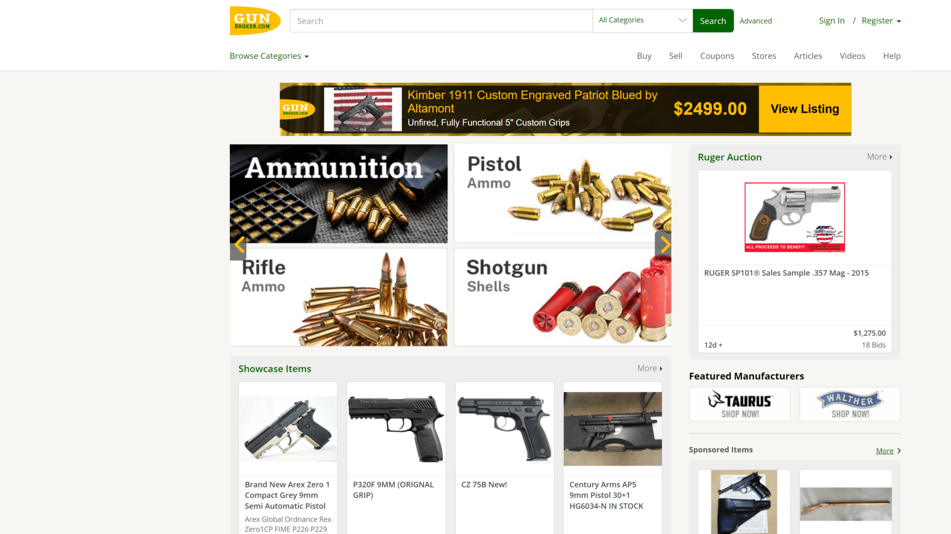A screenshot of the gun broker homepage