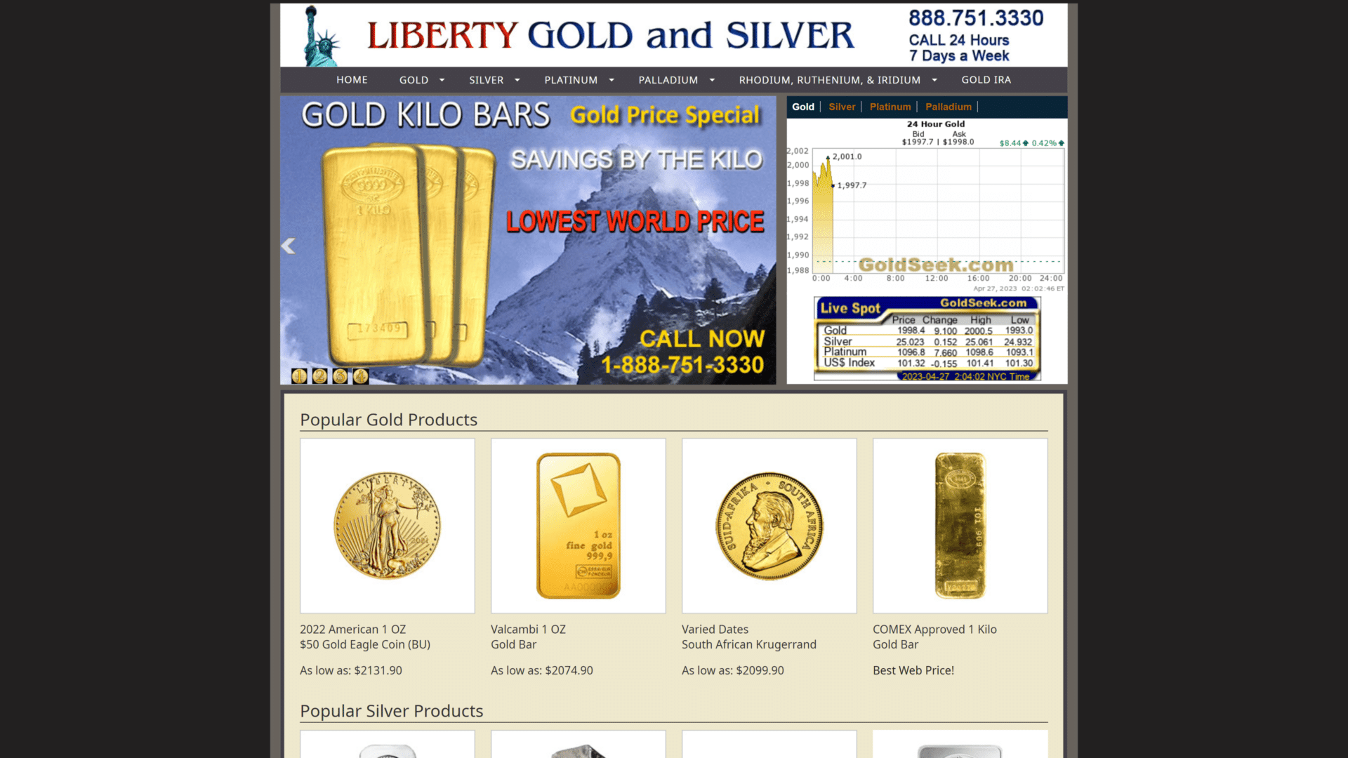 A screenshot of the liberty gold and silver homeapage