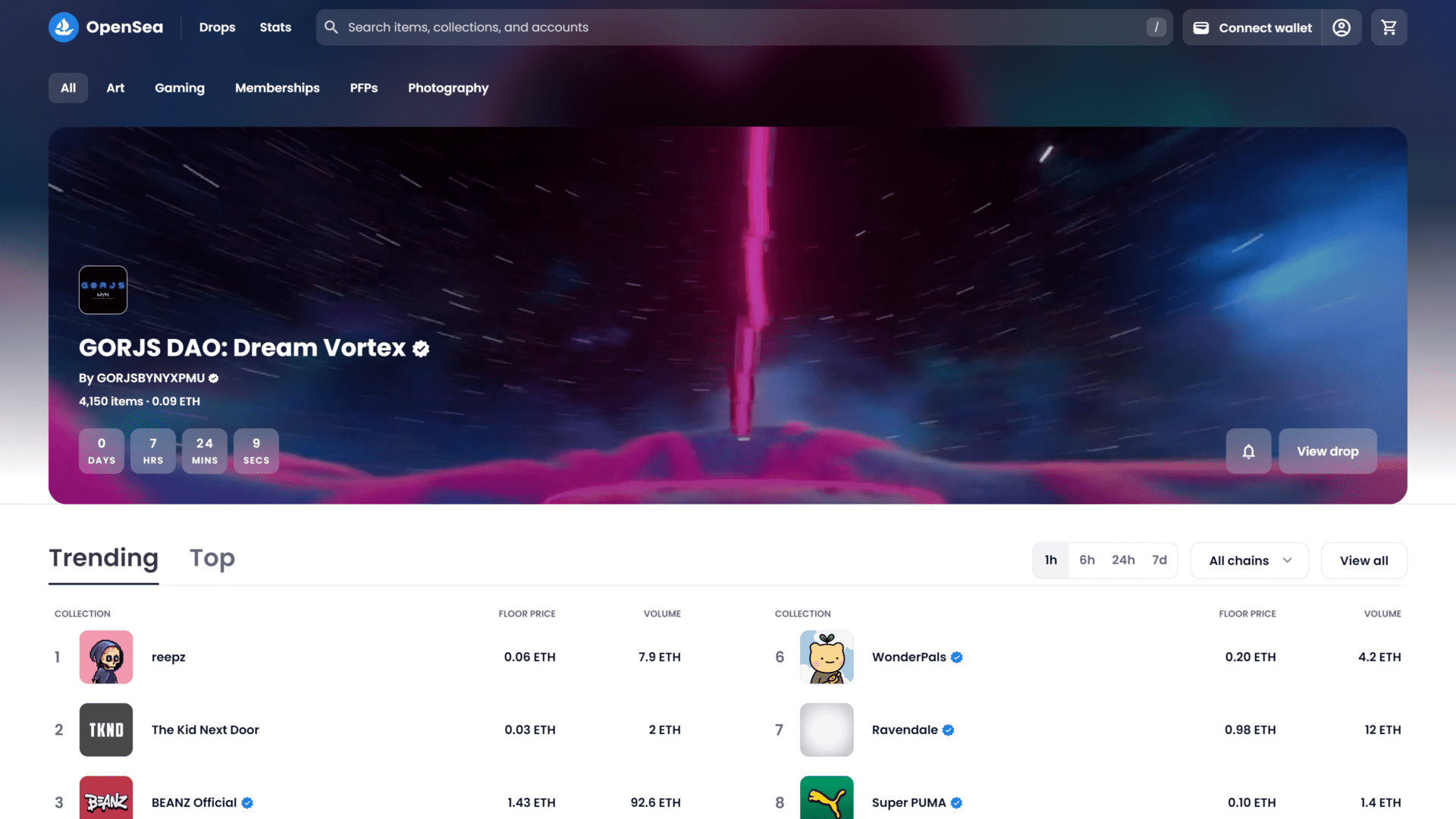 A screenshot of the open sea homepage