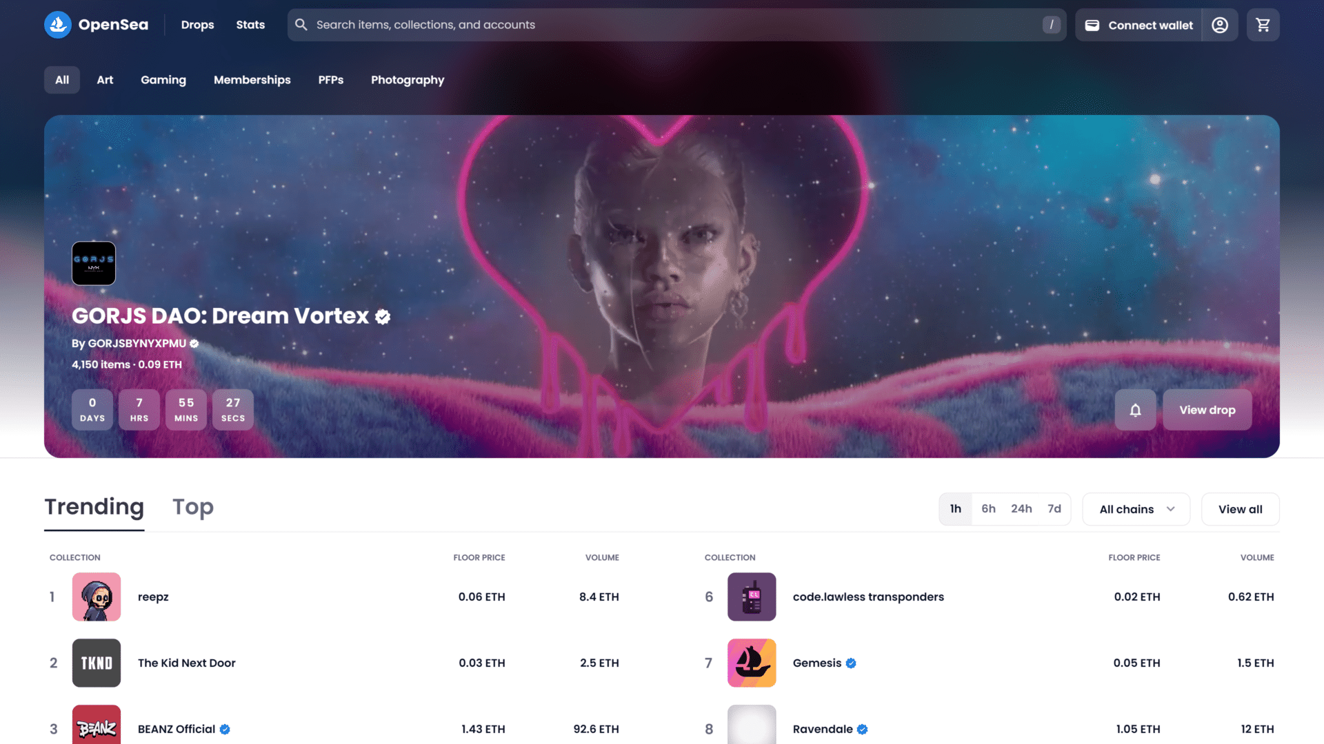 A screenshot of the open sea marketplace homepage