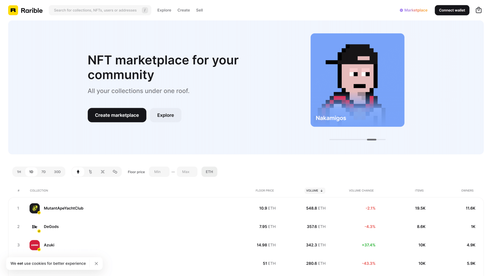 A screenhot of the rarible homepage