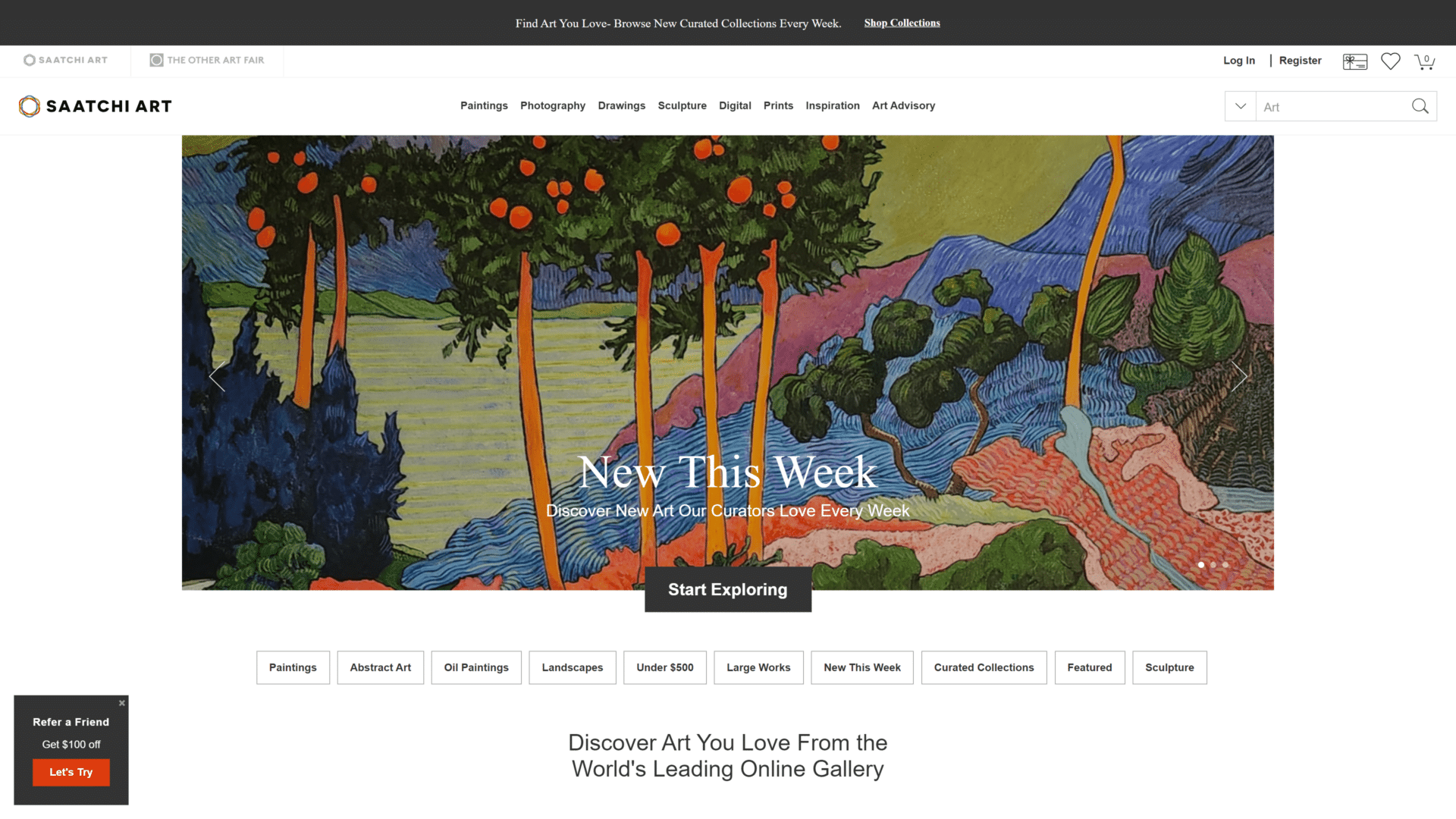 A screenshot of the saatchi art homepage