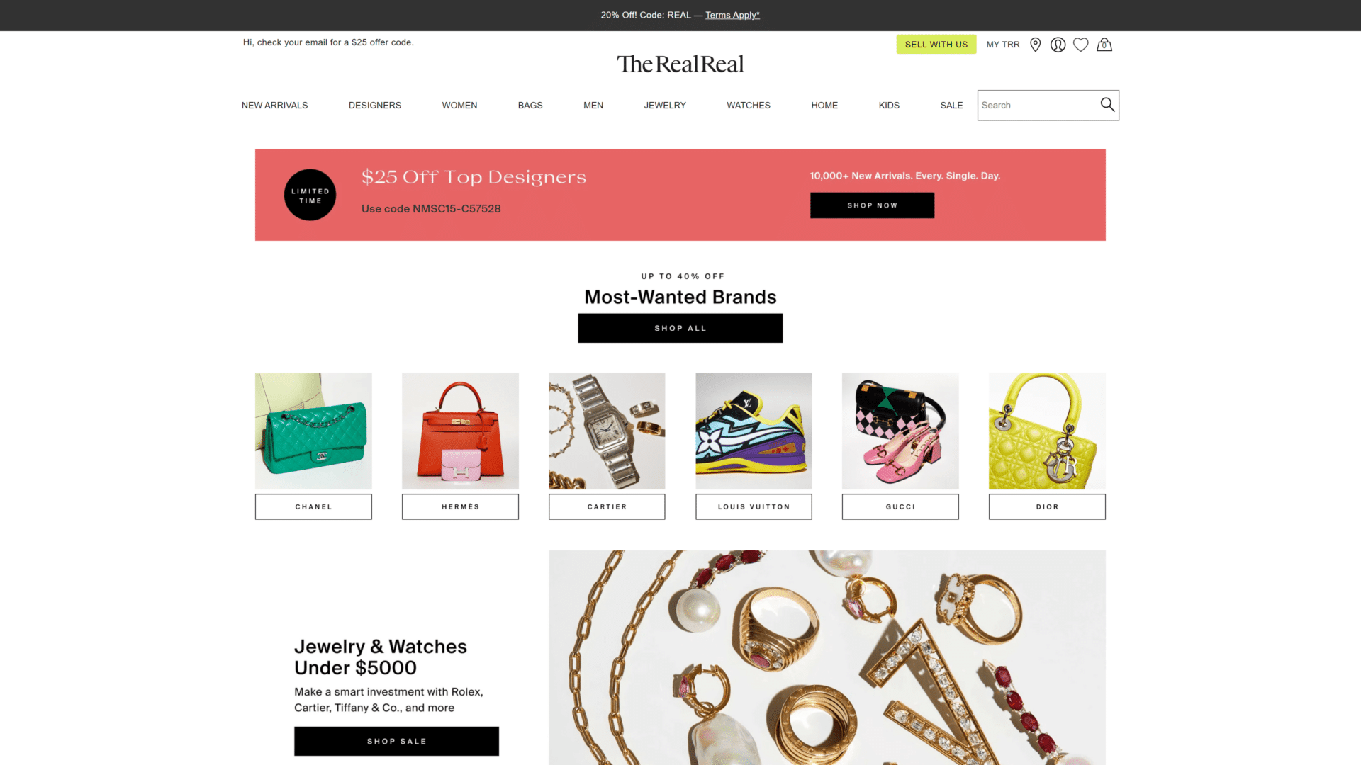 A screenshot of the real real homepage