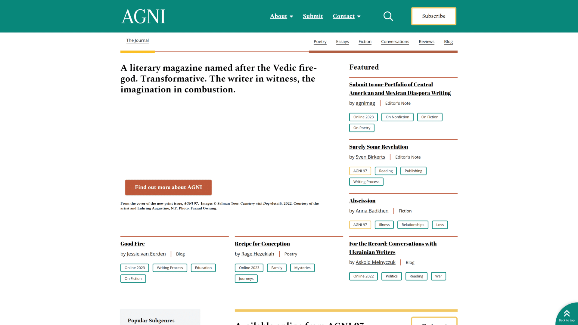 screenshot of the AGNI homepage