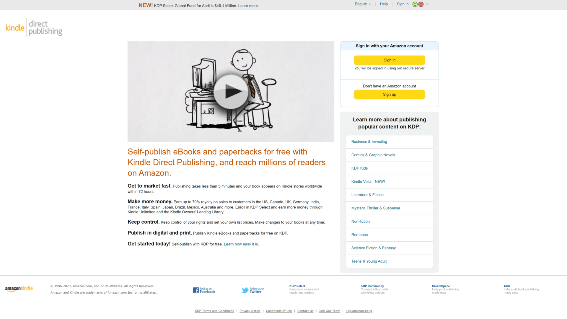 screenshot of the Amazon Kindle Direct Publishing homepage