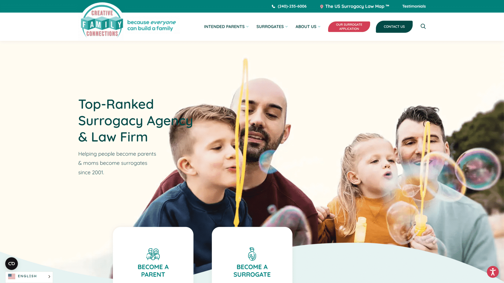 screenshot of the creative family connections homepage