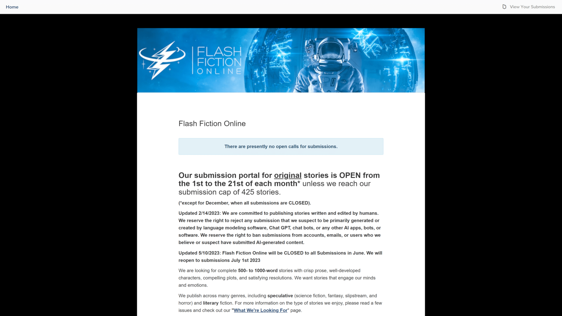 screenshot of the flash fiction online homepage