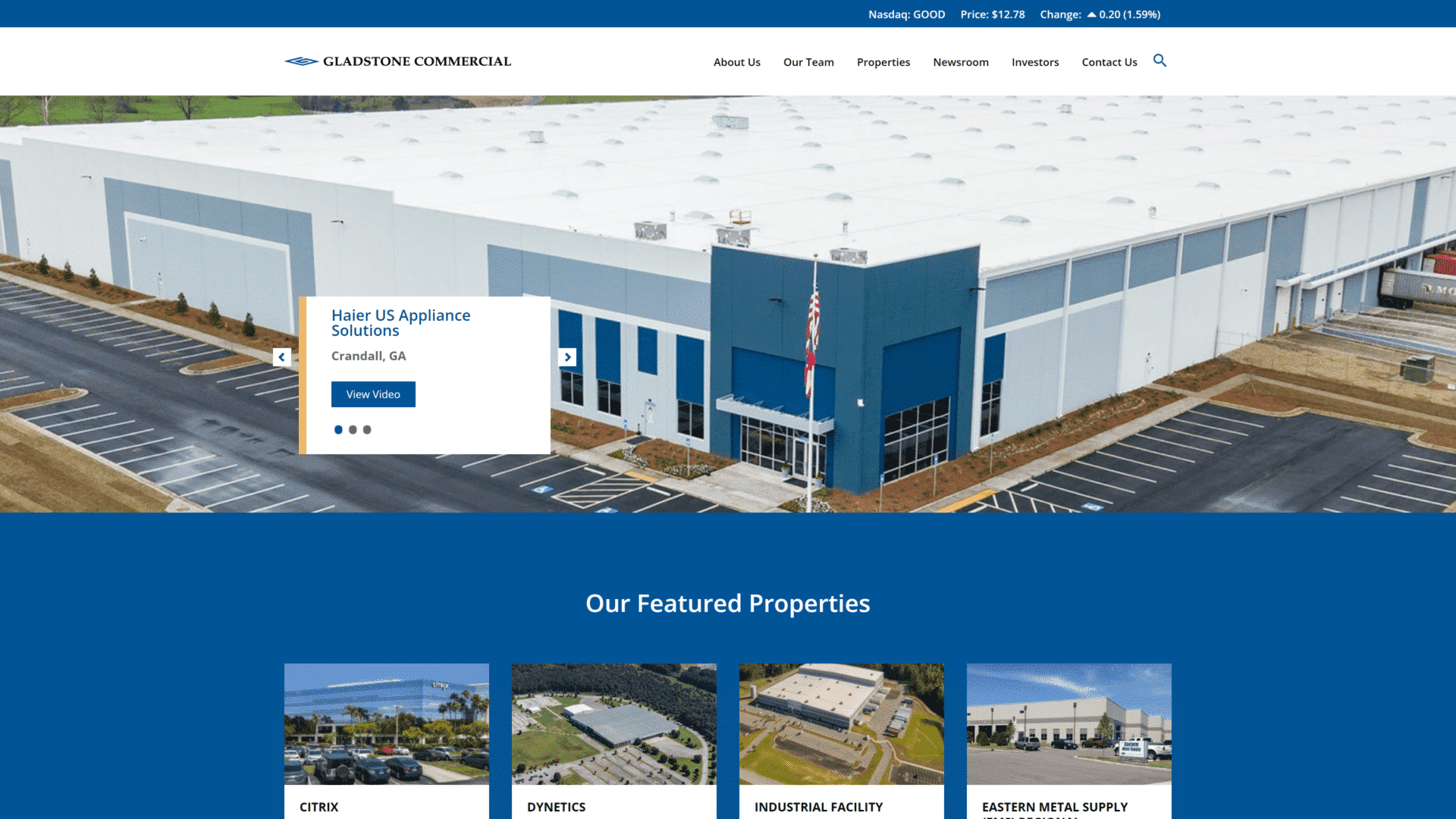 screenshot of the gladstone commercial homepage
