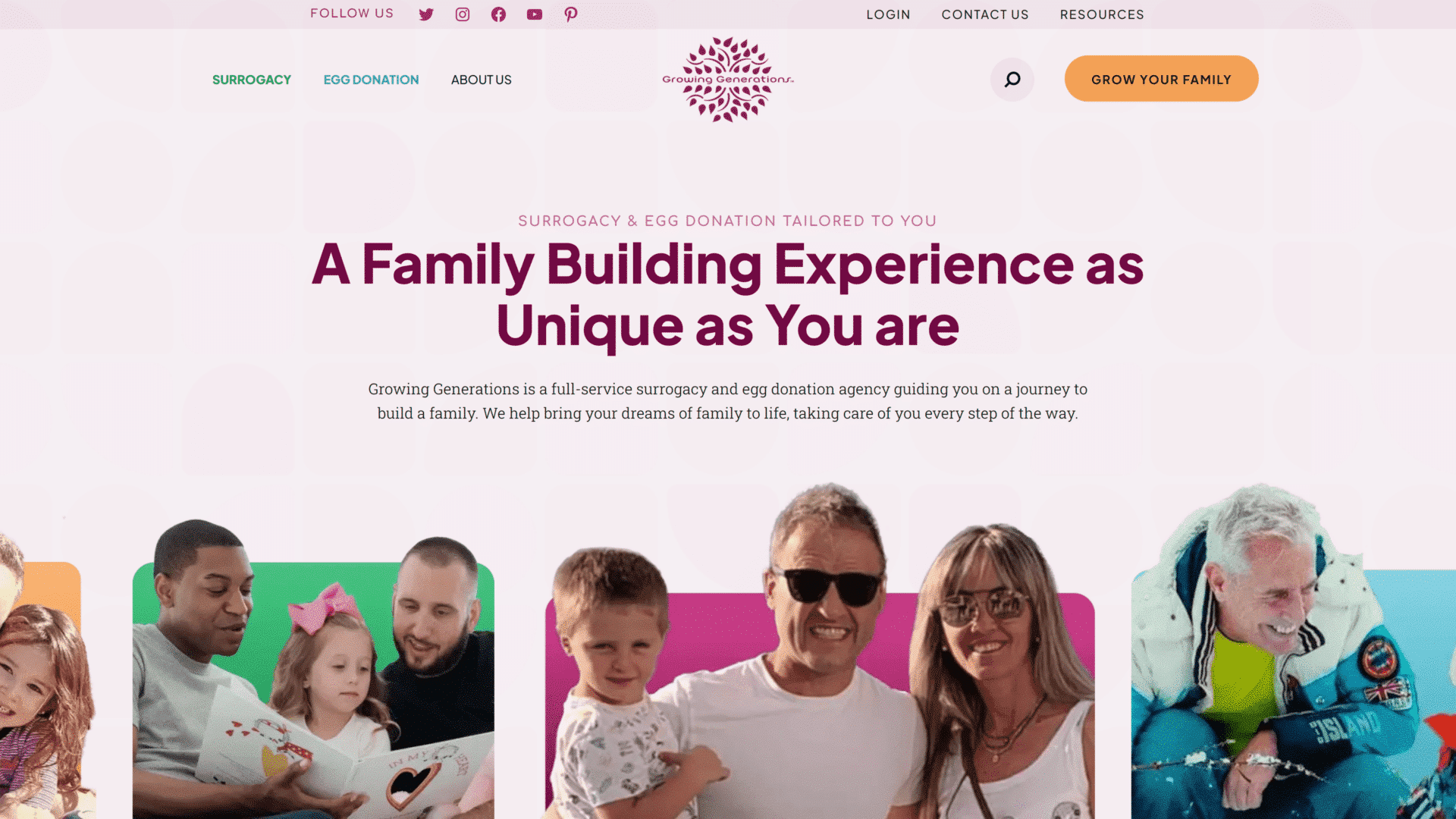 screenshot of the growing generations homepage