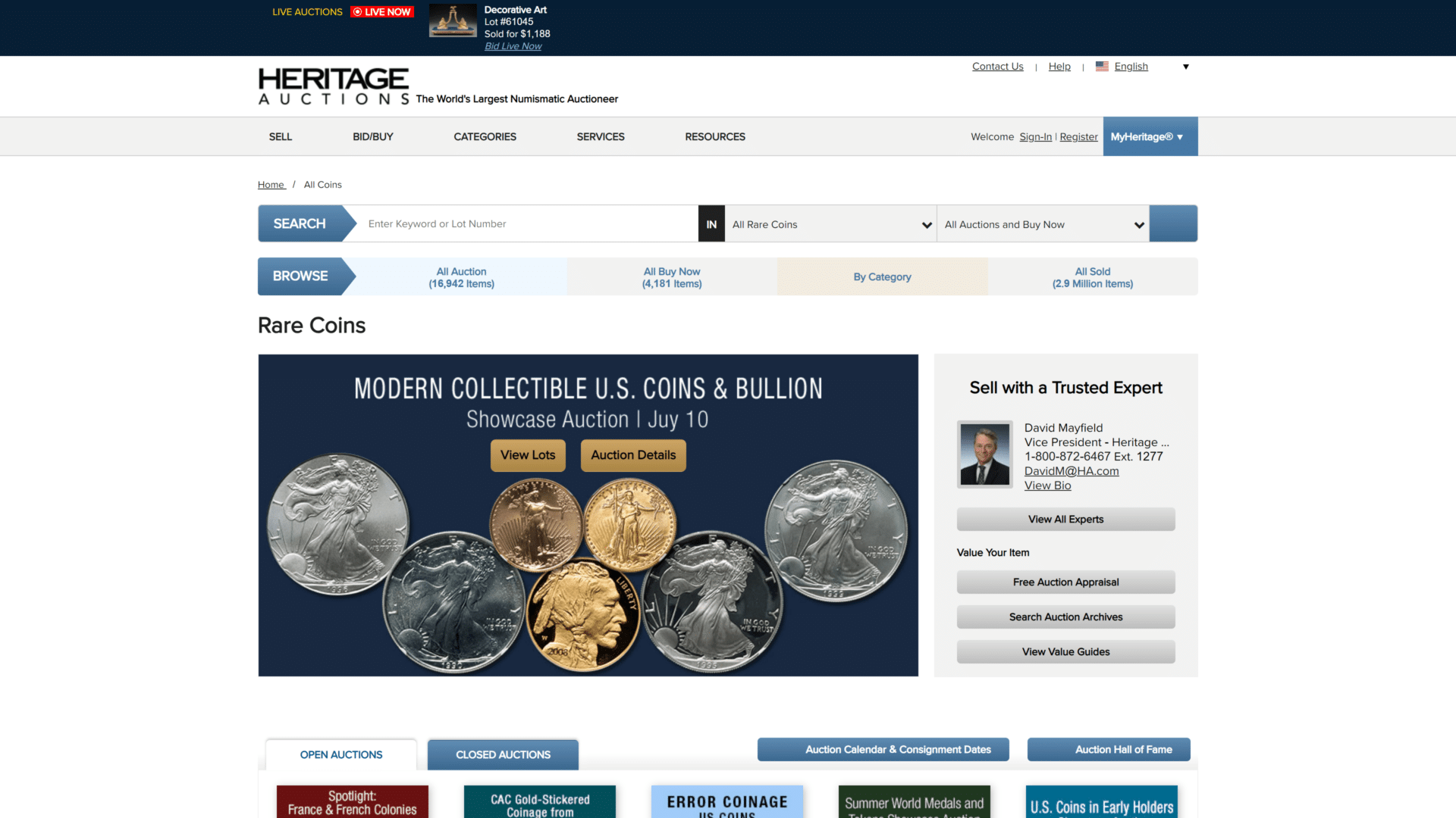screenshot of the heritage auctions homepage