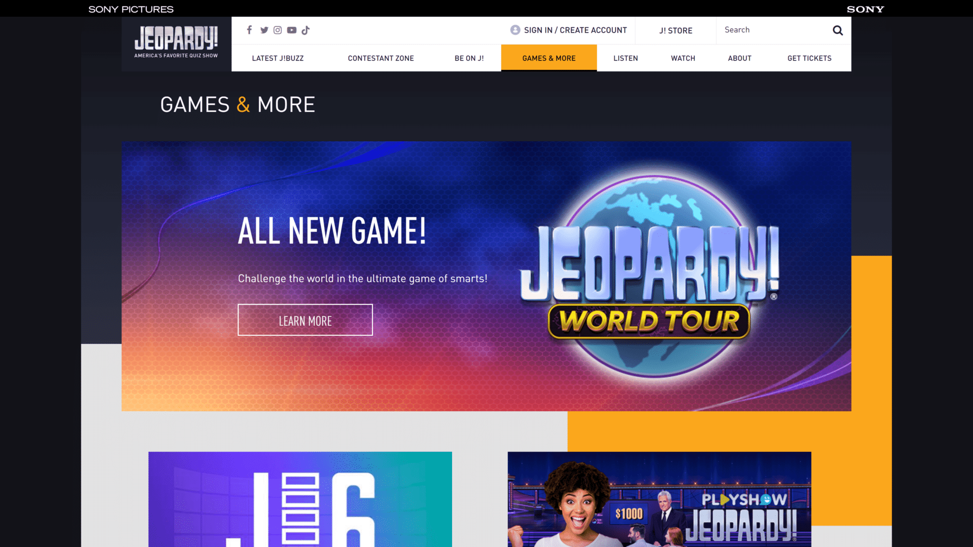 screenshot of the jeopardy world tour homepage