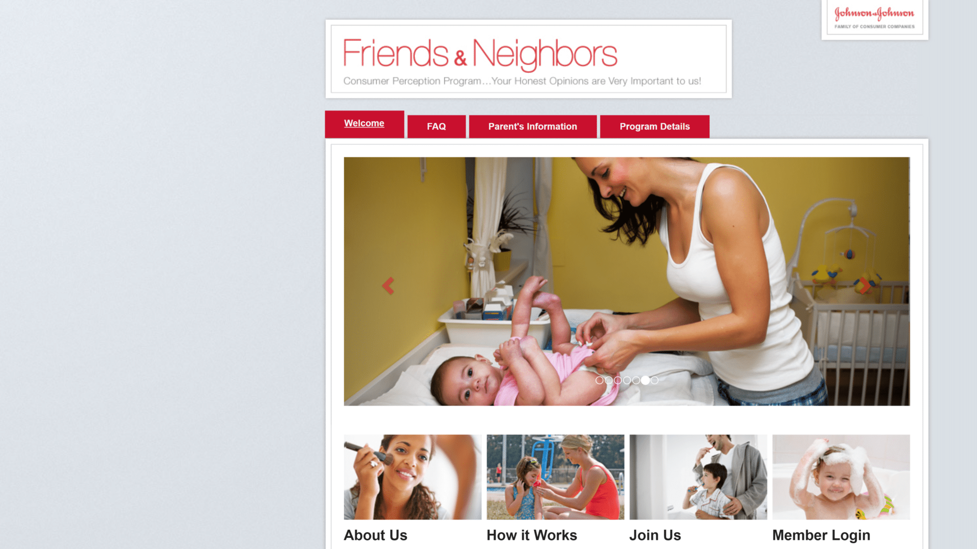 screenshot of the johnson johnson jj friends neighbors homepage