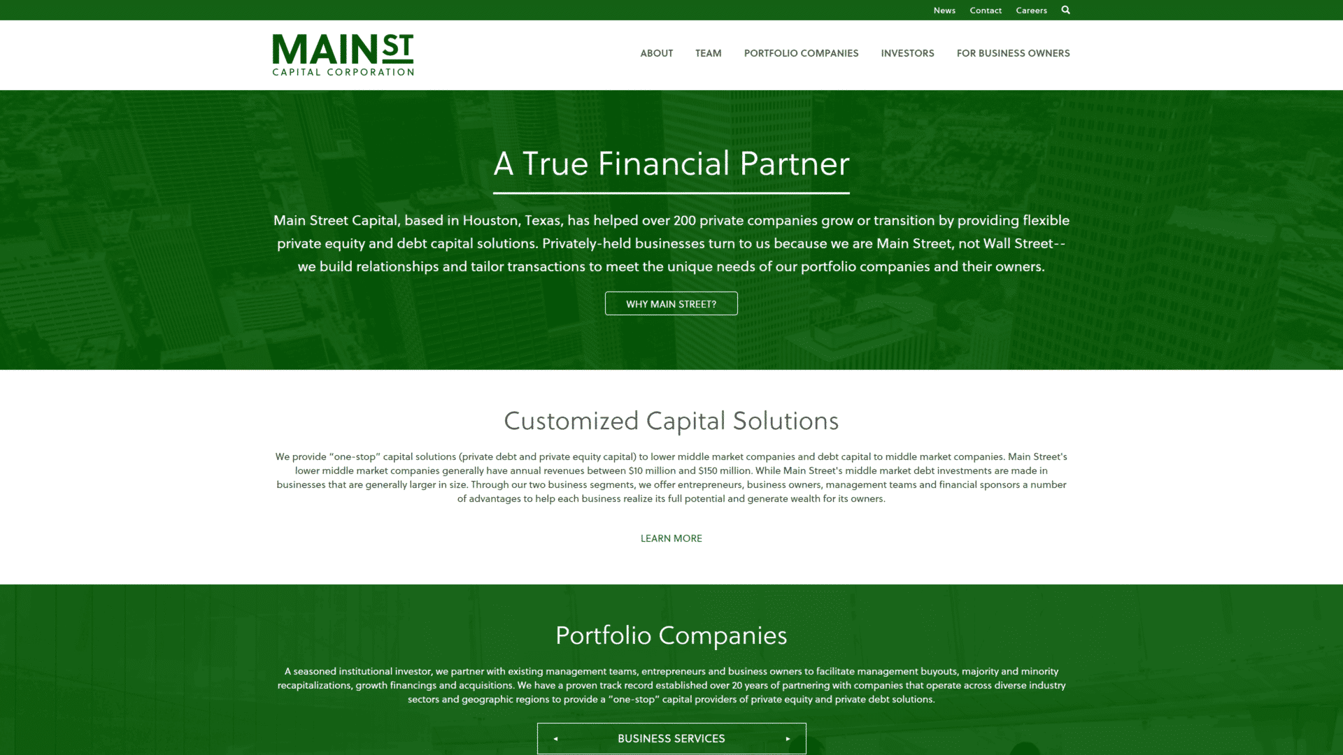 screenshot of the main street capital corp homepage