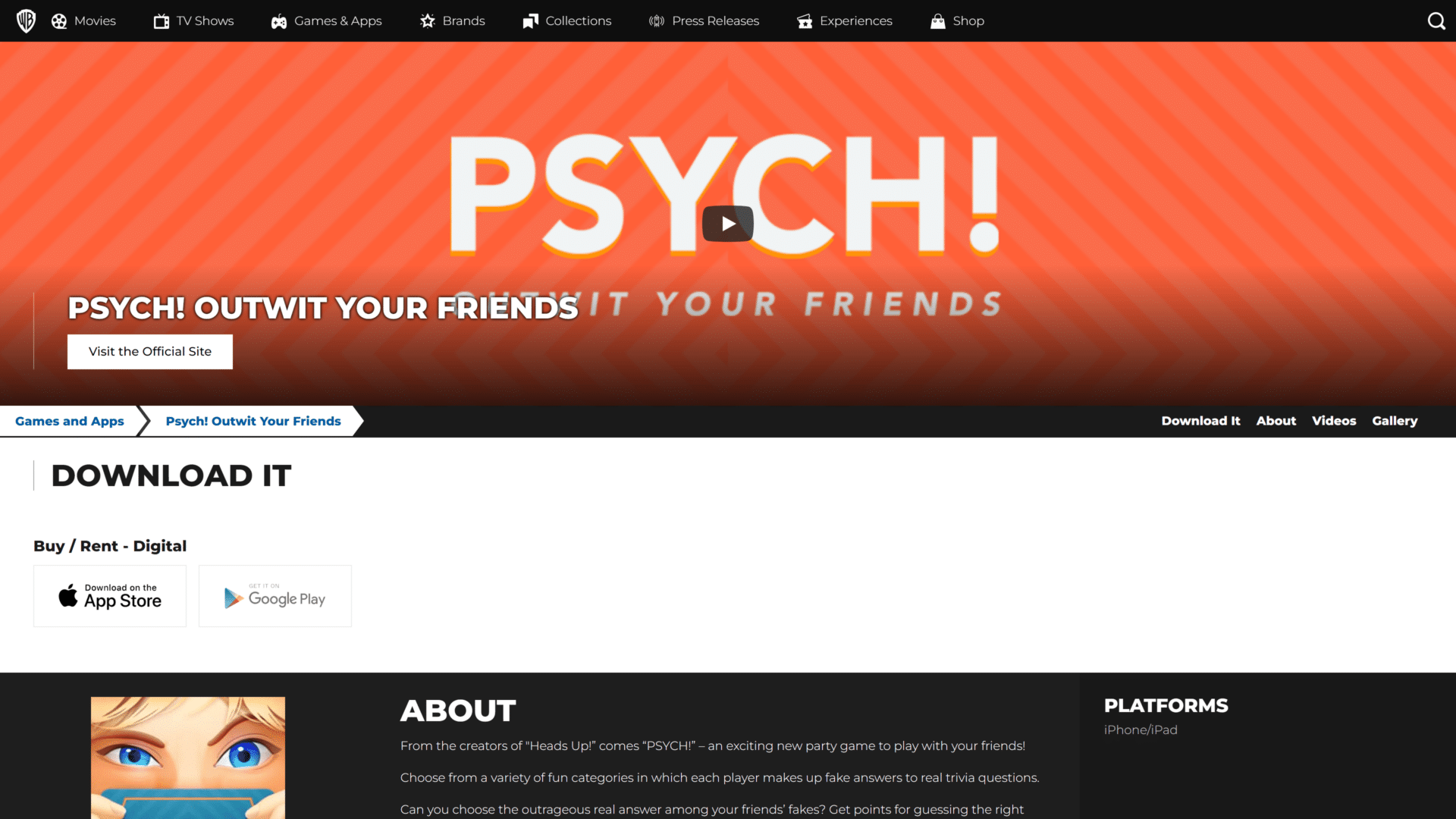 screenshot of the psych outwit your friends homepage