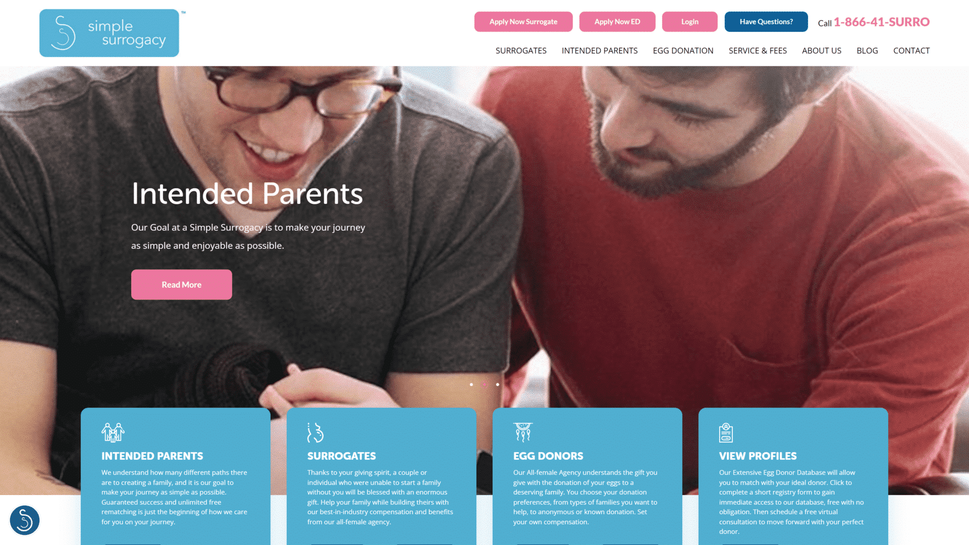 screenshot of the simple surrogacy homepage